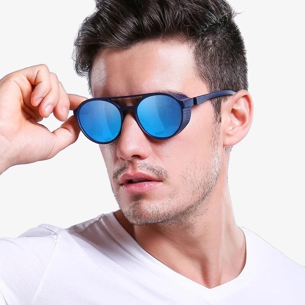 Round Sunglasses Blue Mirrored Lens Side Shield Driving‎ Glasses Retro Lentes